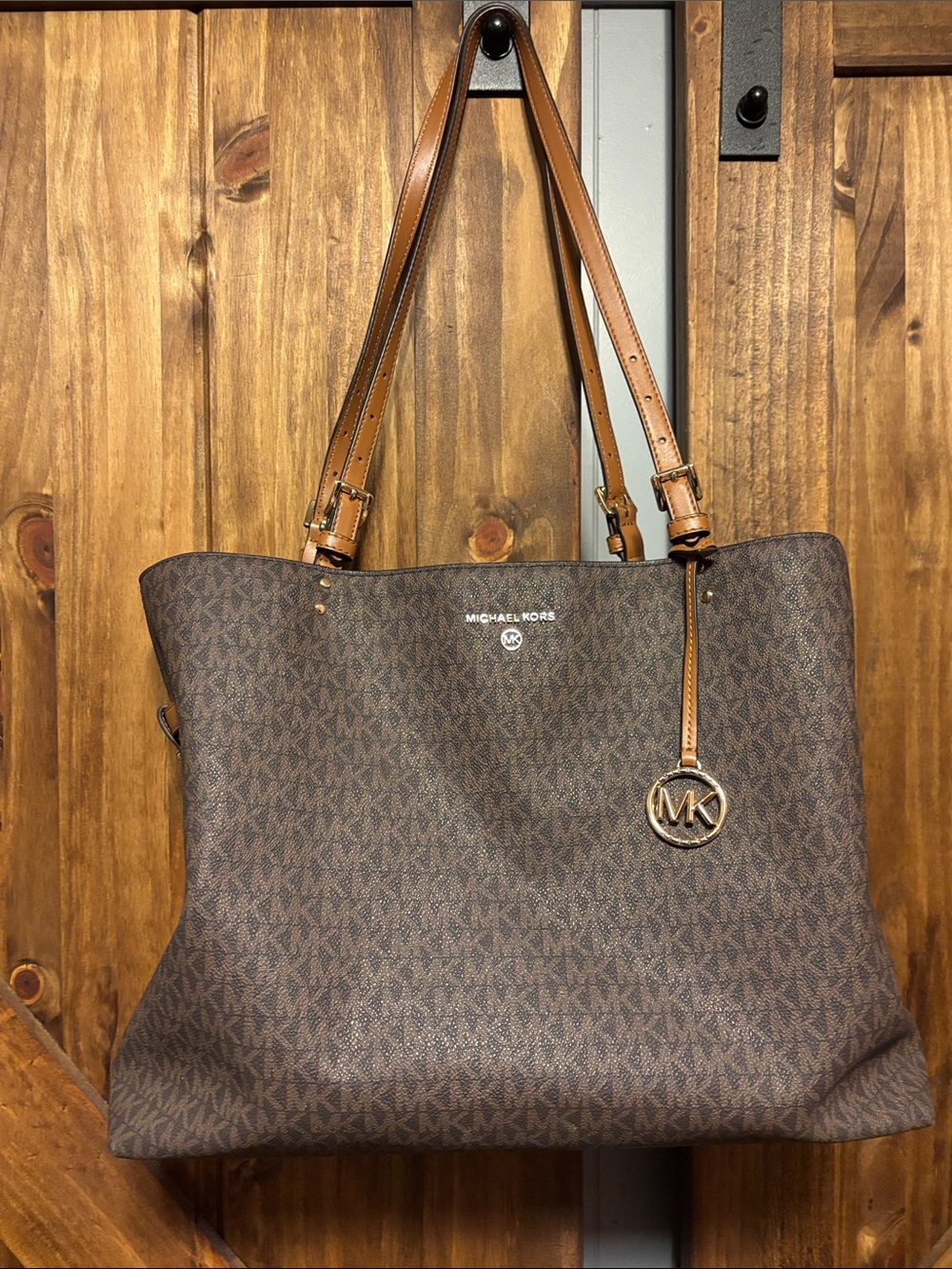 Michael Kors Brown MK Logo Canvas Tote with Tan Leather Straps
